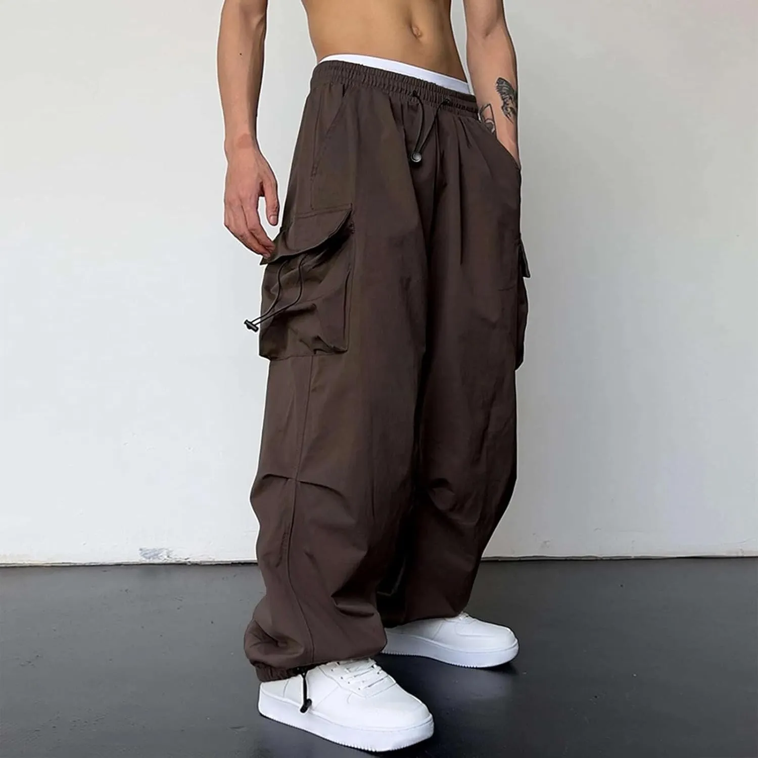 Mens Casual Waist Color Sports Hat Multi Woven Pocket Foot Rope Solid Pants Street Cargo Tie Mens Cargo Pants 1