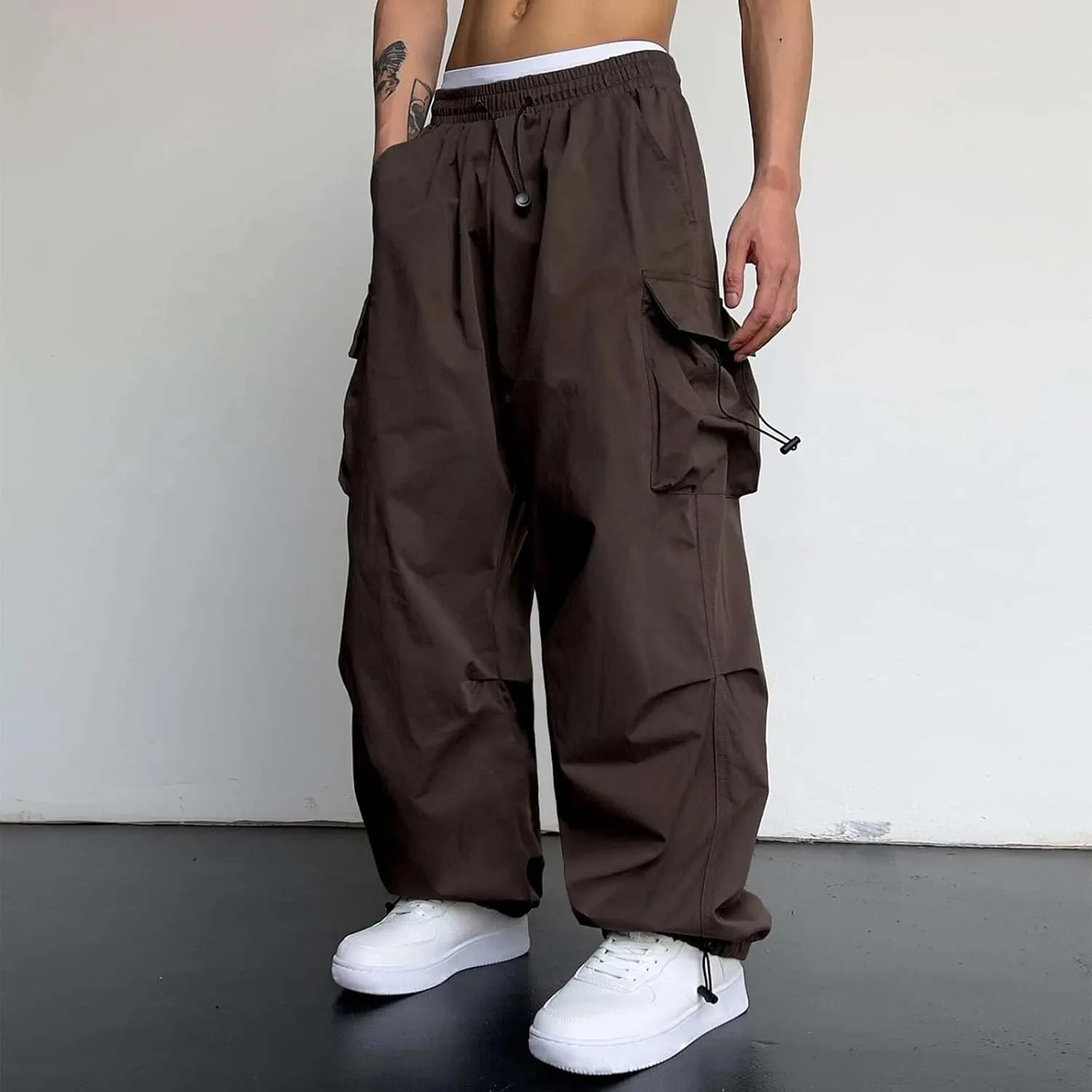 Mens Casual Waist Color Sports Hat Multi Woven Pocket Foot Rope Solid Pants Street Cargo Tie Mens Cargo Pants 1