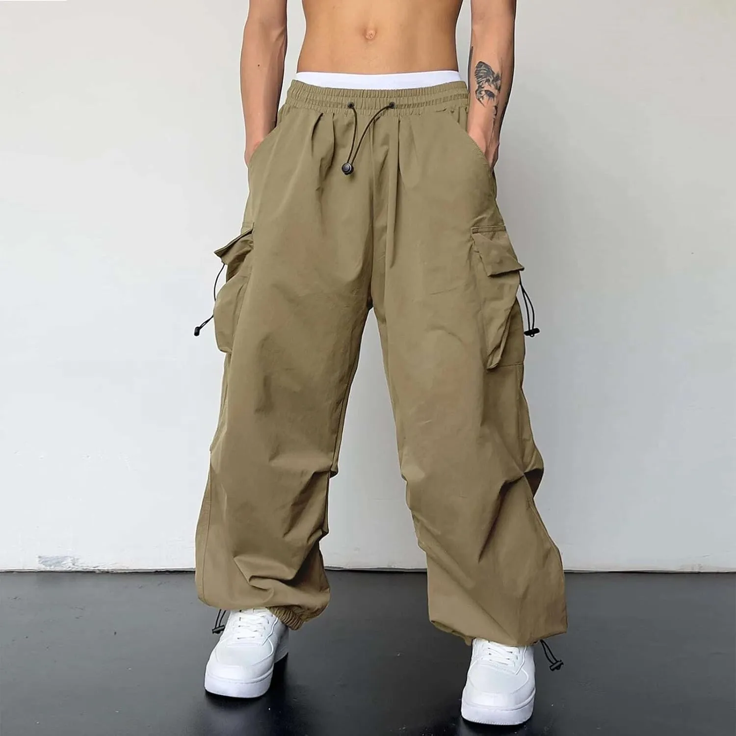 Mens Casual Waist Color Sports Hat Multi Woven Pocket Foot Rope Solid Pants Street Cargo Tie Mens Cargo Pants 1