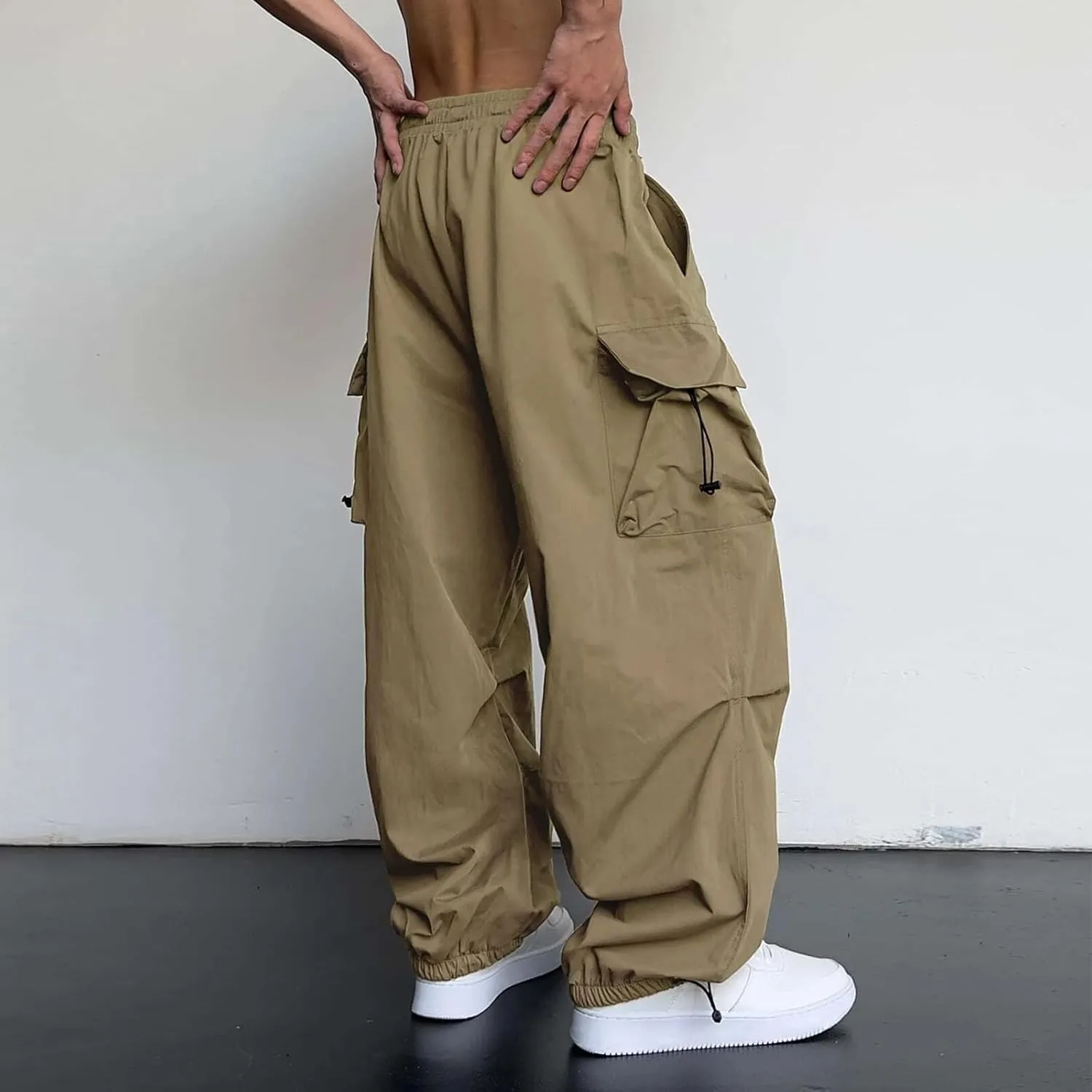 Mens Casual Waist Color Sports Hat Multi Woven Pocket Foot Rope Solid Pants Street Cargo Tie Mens Cargo Pants 1