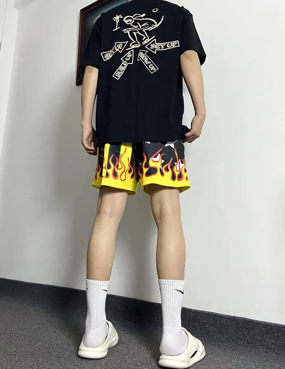 Men's Flame Star Basketball Shorts Breathable Mesh Retro Streetwear Gym Shorts