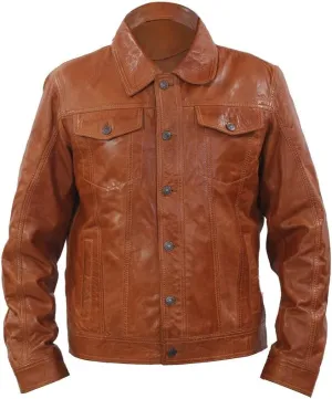 Mens Trucker Slim Fit Casual Tan Leather Shirt Jeans Jacket