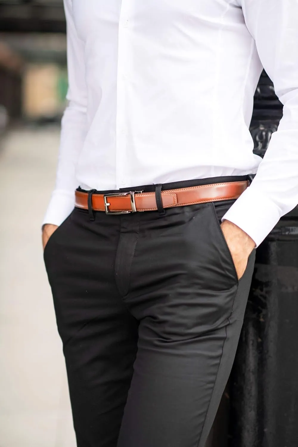 Mio Marino Mens Ratchet Belt with Open Linxx Leather Dress Belt Buckle, Enclosed in an Elegant Gift Box