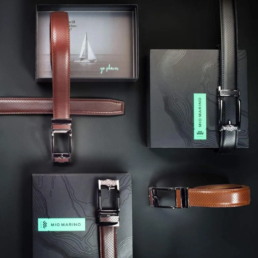 Mio Marino Mens Ratchet Belt with Open Linxx Leather Dress Belt Buckle, Enclosed in an Elegant Gift Box