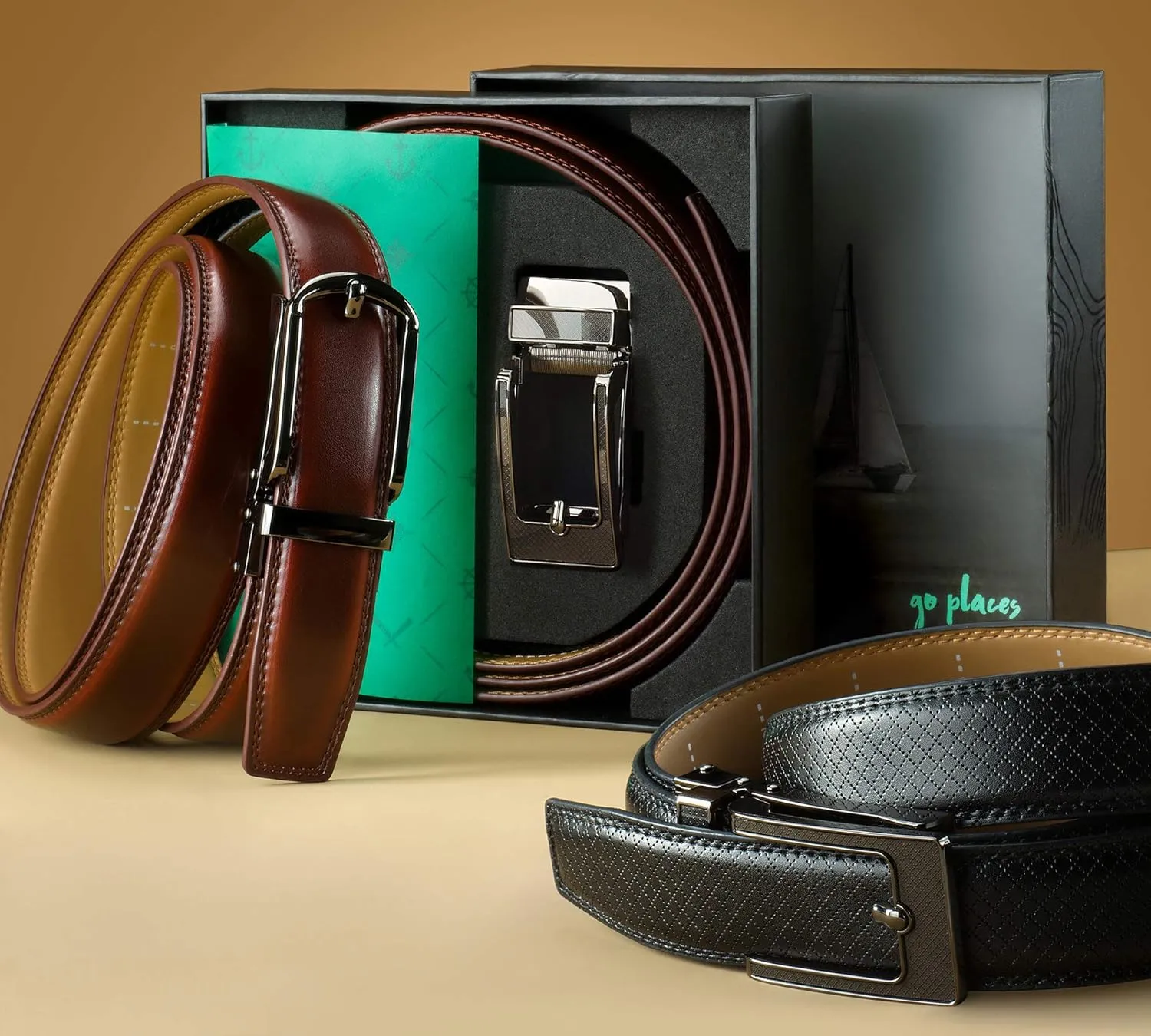 Mio Marino Mens Ratchet Belt with Open Linxx Leather Dress Belt Buckle, Enclosed in an Elegant Gift Box