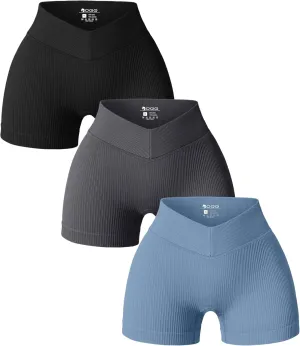 MOLERFO Women 3 Piece Yoga Shorts Ribbed V Shaped High Waist Workout Exercise Shorts Leggings