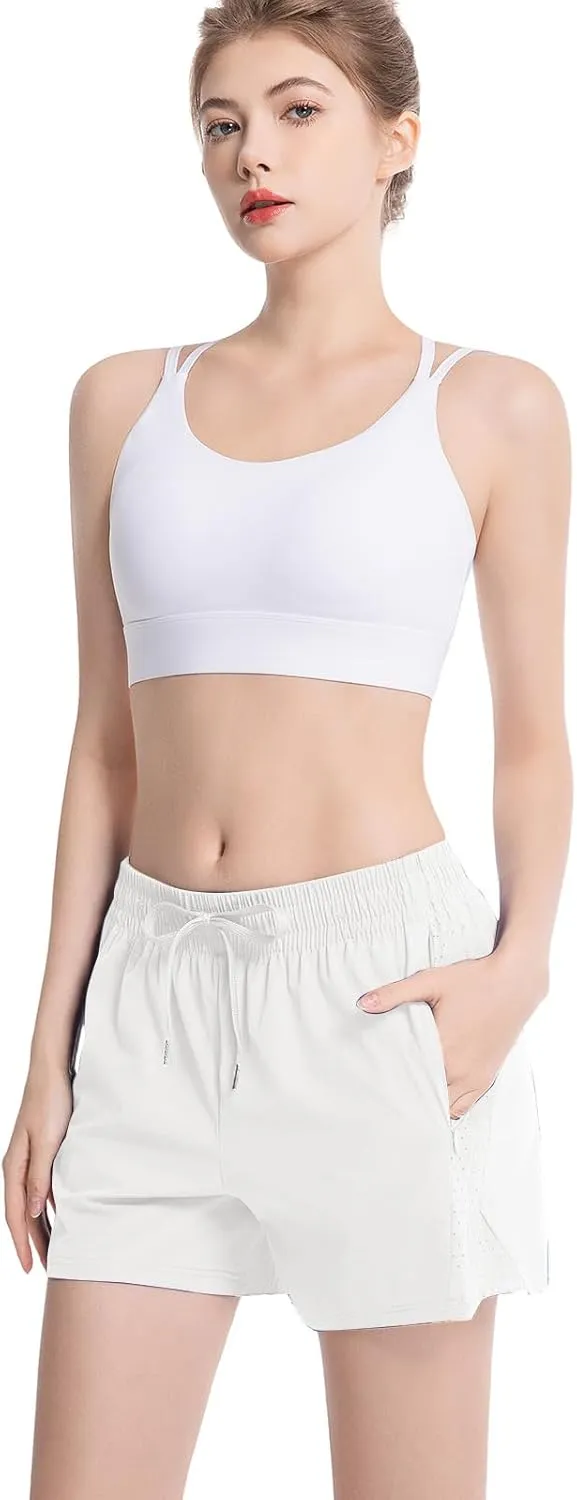 NEXSONIC Womens Athletic Shorts High Waist 4 Inch Running Shorts with Linear Quick Dry Workout Active Gym Hiking Shorts
