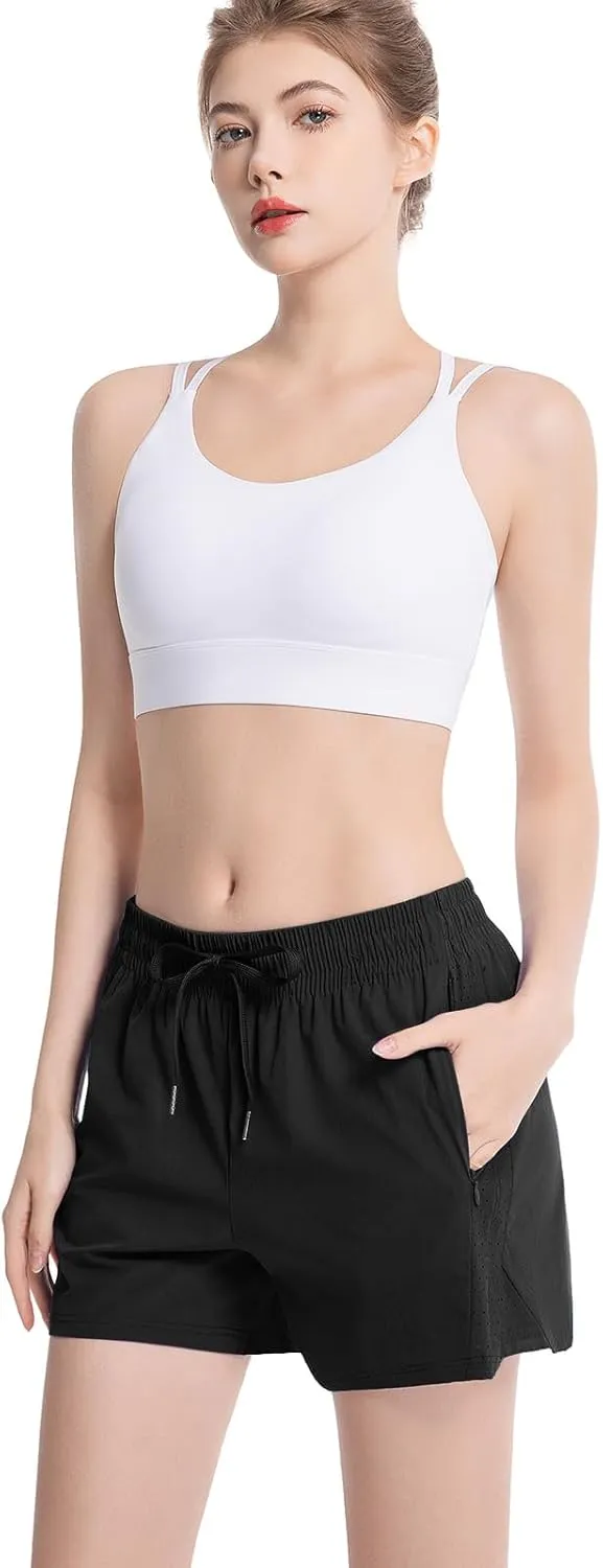 NEXSONIC Womens Athletic Shorts High Waist 4 Inch Running Shorts with Linear Quick Dry Workout Active Gym Hiking Shorts