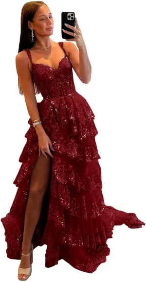 Off Shoulder Tiered Lace Prom Dresses 2025 Long Tulle Wedding Dress Ball Gowns for Women Corset Evening Gown with Slit