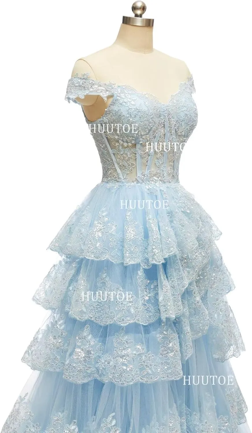 Off Shoulder Tiered Lace Prom Dresses 2025 Long Tulle Wedding Dress Ball Gowns for Women Corset Evening Gown with Slit