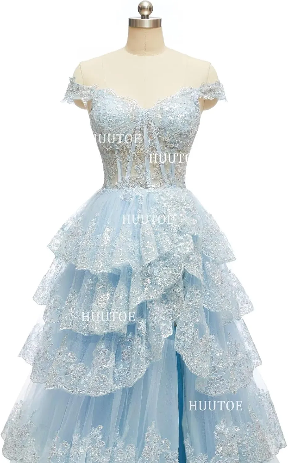 Off Shoulder Tiered Lace Prom Dresses 2025 Long Tulle Wedding Dress Ball Gowns for Women Corset Evening Gown with Slit