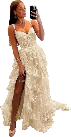 Off Shoulder Tiered Lace Prom Dresses 2025 Long Tulle Wedding Dress Ball Gowns for Women Corset Evening Gown with Slit