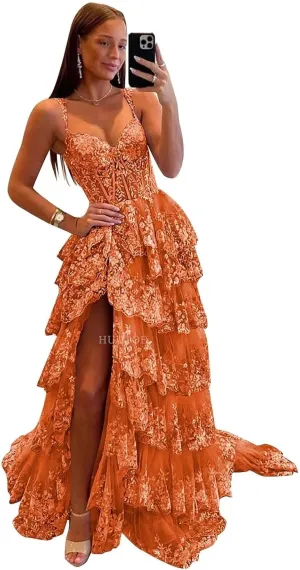 Off Shoulder Tiered Lace Prom Dresses 2025 Long Tulle Wedding Dress Ball Gowns for Women Corset Evening Gown with Slit