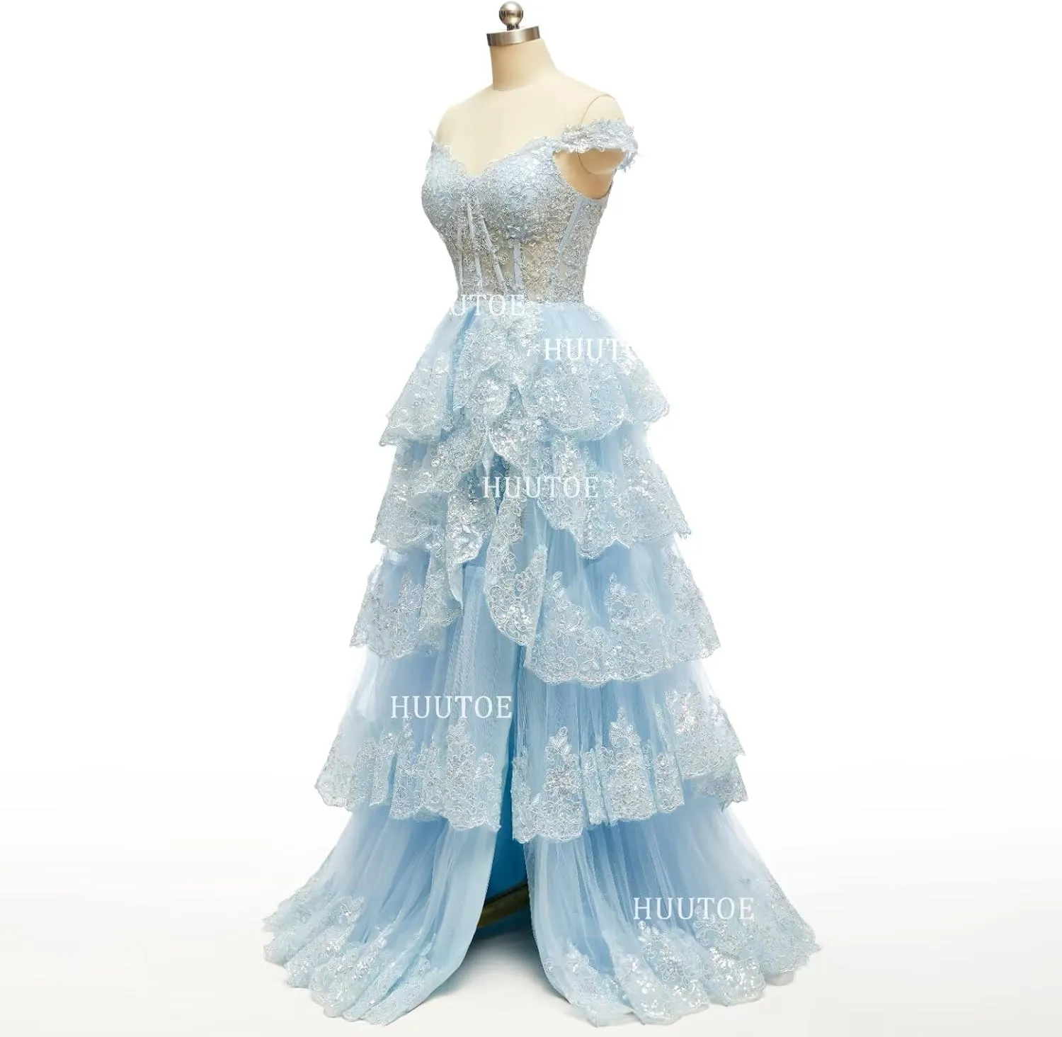 Off Shoulder Tiered Lace Prom Dresses 2025 Long Tulle Wedding Dress Ball Gowns for Women Corset Evening Gown with Slit