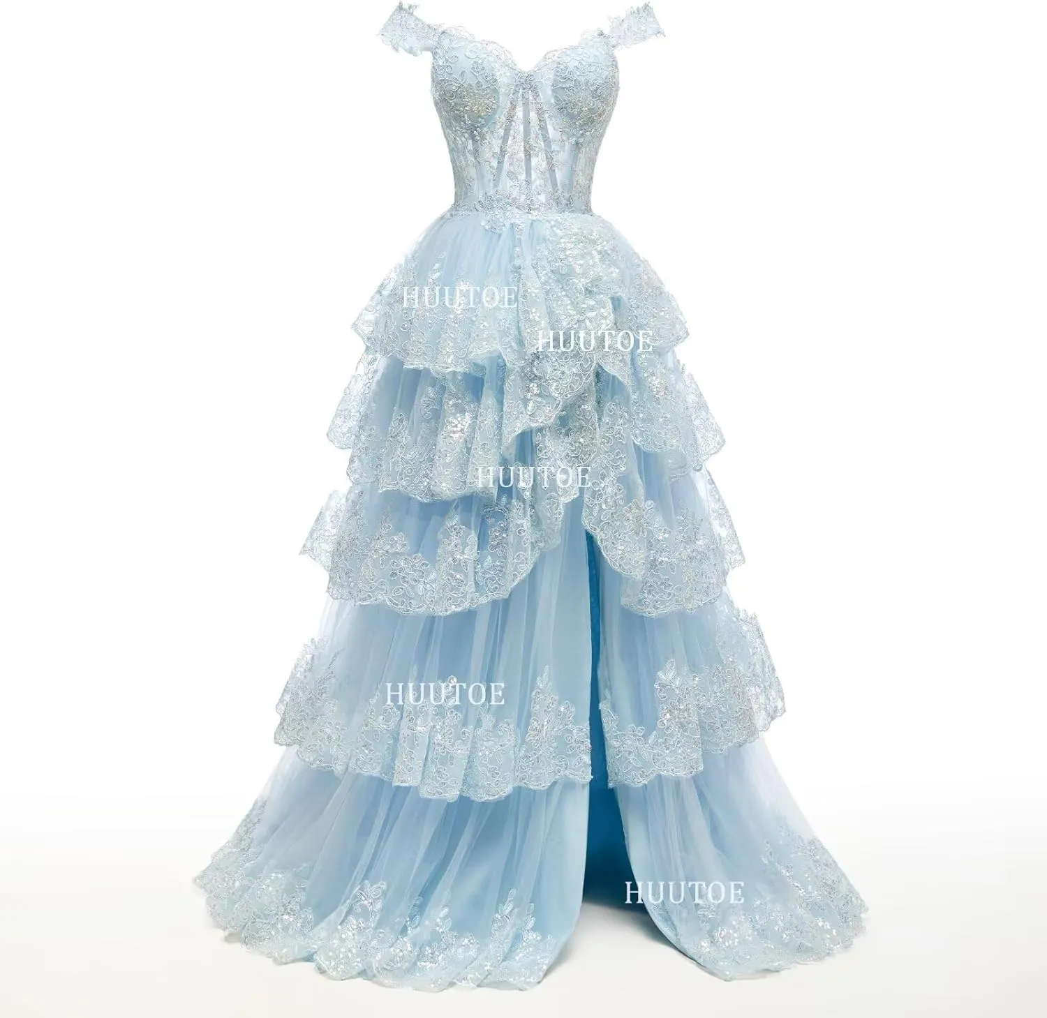 Off Shoulder Tiered Lace Prom Dresses 2025 Long Tulle Wedding Dress Ball Gowns for Women Corset Evening Gown with Slit
