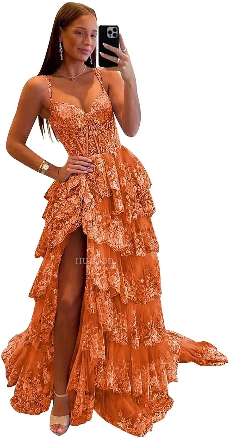 Off Shoulder Tiered Lace Prom Dresses 2025 Long Tulle Wedding Dress Ball Gowns for Women Corset Evening Gown with Slit