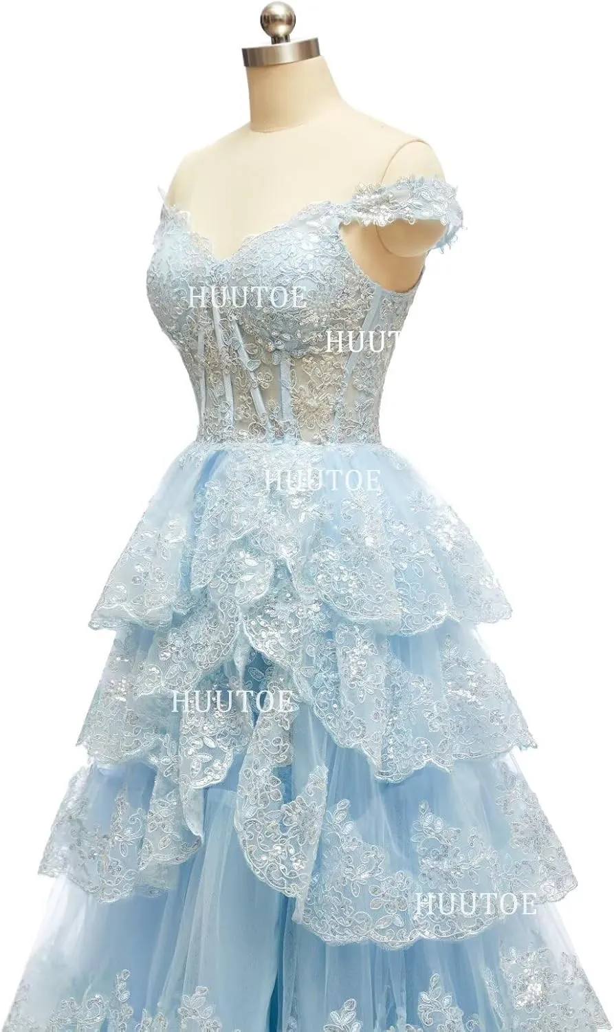 Off Shoulder Tiered Lace Prom Dresses 2025 Long Tulle Wedding Dress Ball Gowns for Women Corset Evening Gown with Slit