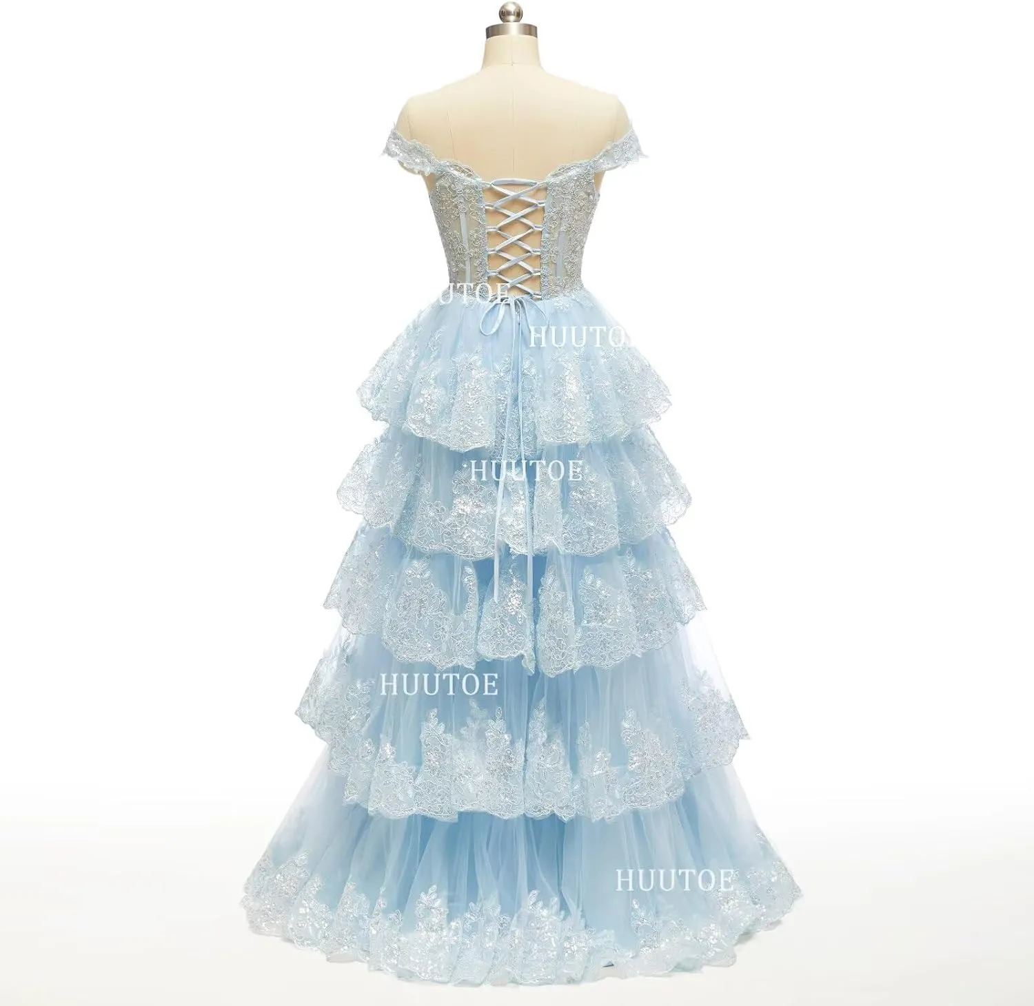 Off Shoulder Tiered Lace Prom Dresses 2025 Long Tulle Wedding Dress Ball Gowns for Women Corset Evening Gown with Slit