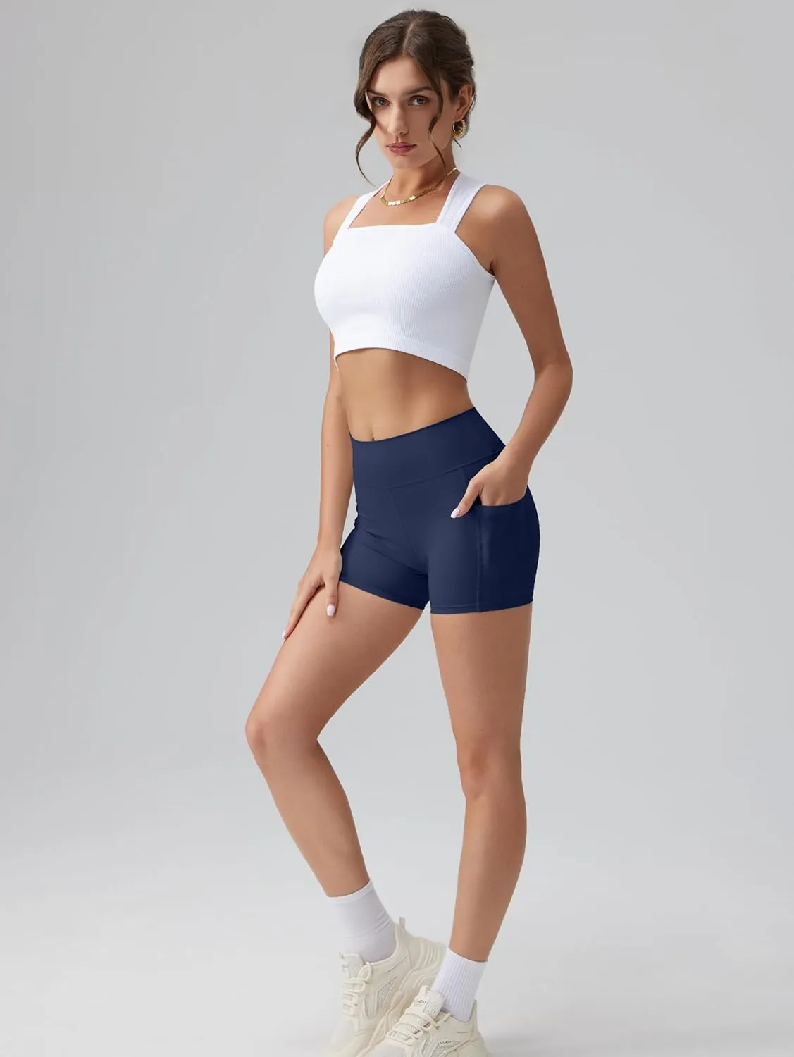 OQQ High Waist Shorts for Women's with Deep Pockets Tummy Control Yoga Athletic Workout Running Shorts