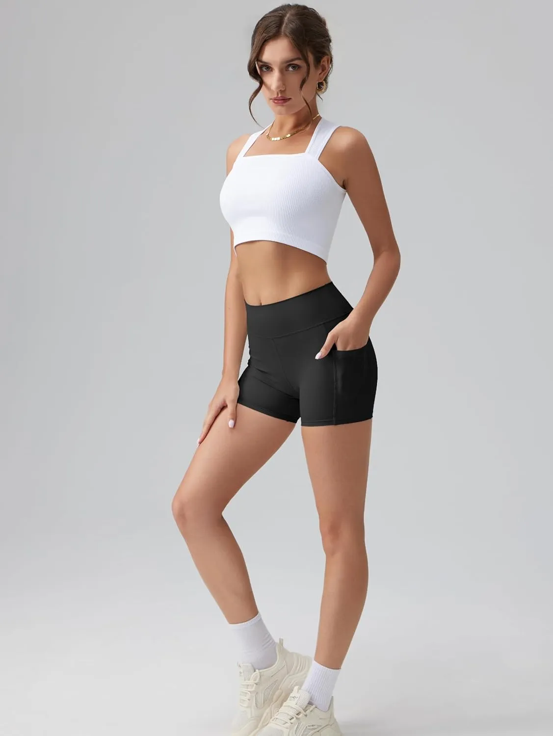 OQQ High Waist Shorts for Women's with Deep Pockets Tummy Control Yoga Athletic Workout Running Shorts