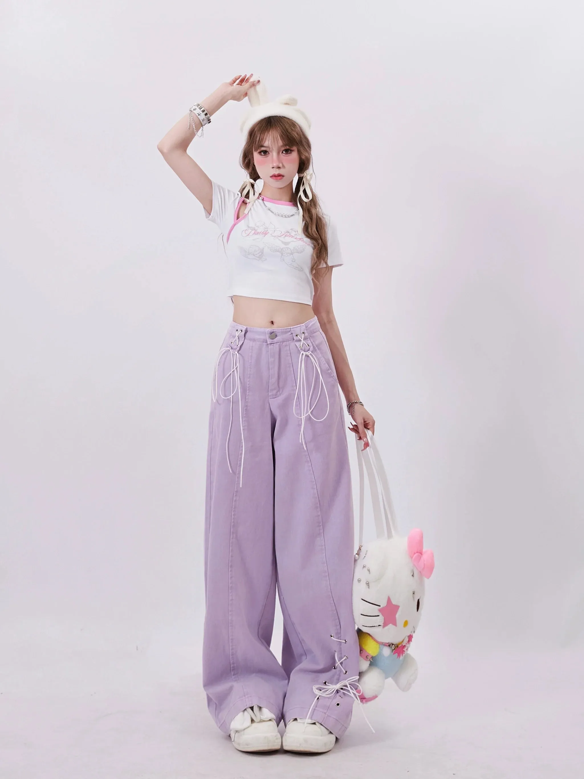 Pants Purple Lace-up Wide