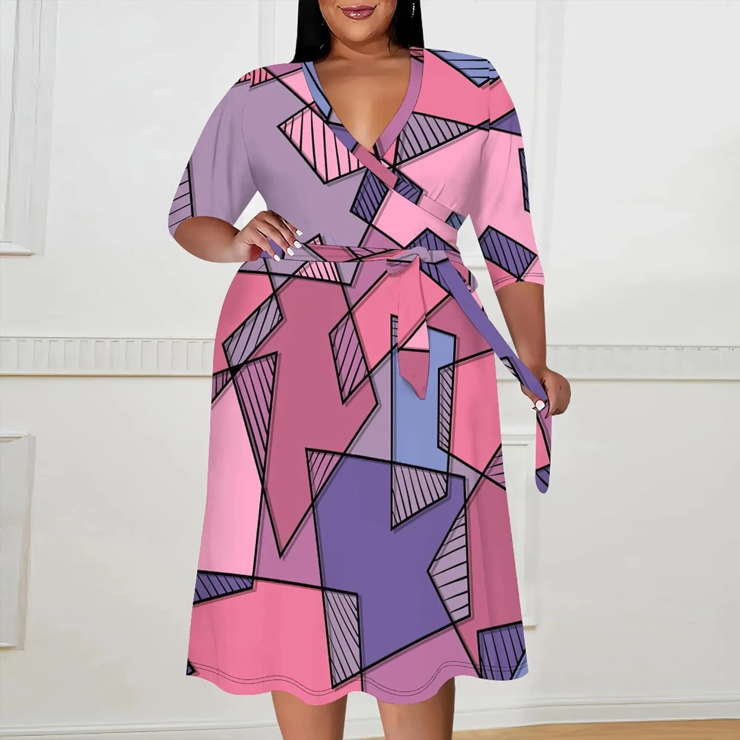 Plus Size Dress for Women Flowy 3/4 Sleeve V Neck Printing Midi Dresses Sexy Wrap Cocktail Party Dress Empire Waist with Belt