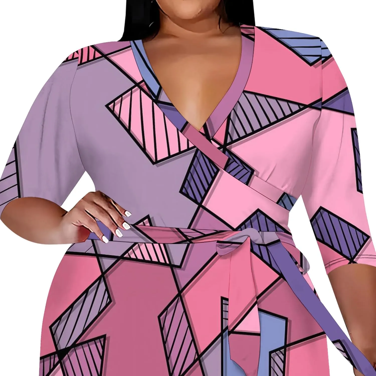 Plus Size Dress for Women Flowy 3/4 Sleeve V Neck Printing Midi Dresses Sexy Wrap Cocktail Party Dress Empire Waist with Belt
