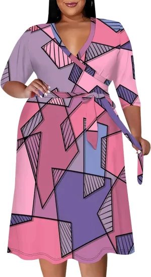 Plus Size Dress for Women Flowy 3/4 Sleeve V Neck Printing Midi Dresses Sexy Wrap Cocktail Party Dress Empire Waist with Belt