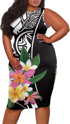 Plus Size Polynesian Dress for Women Casual Sleeveless Midi Dress Hawaii Crewneck Wrap Dress Shift Dress