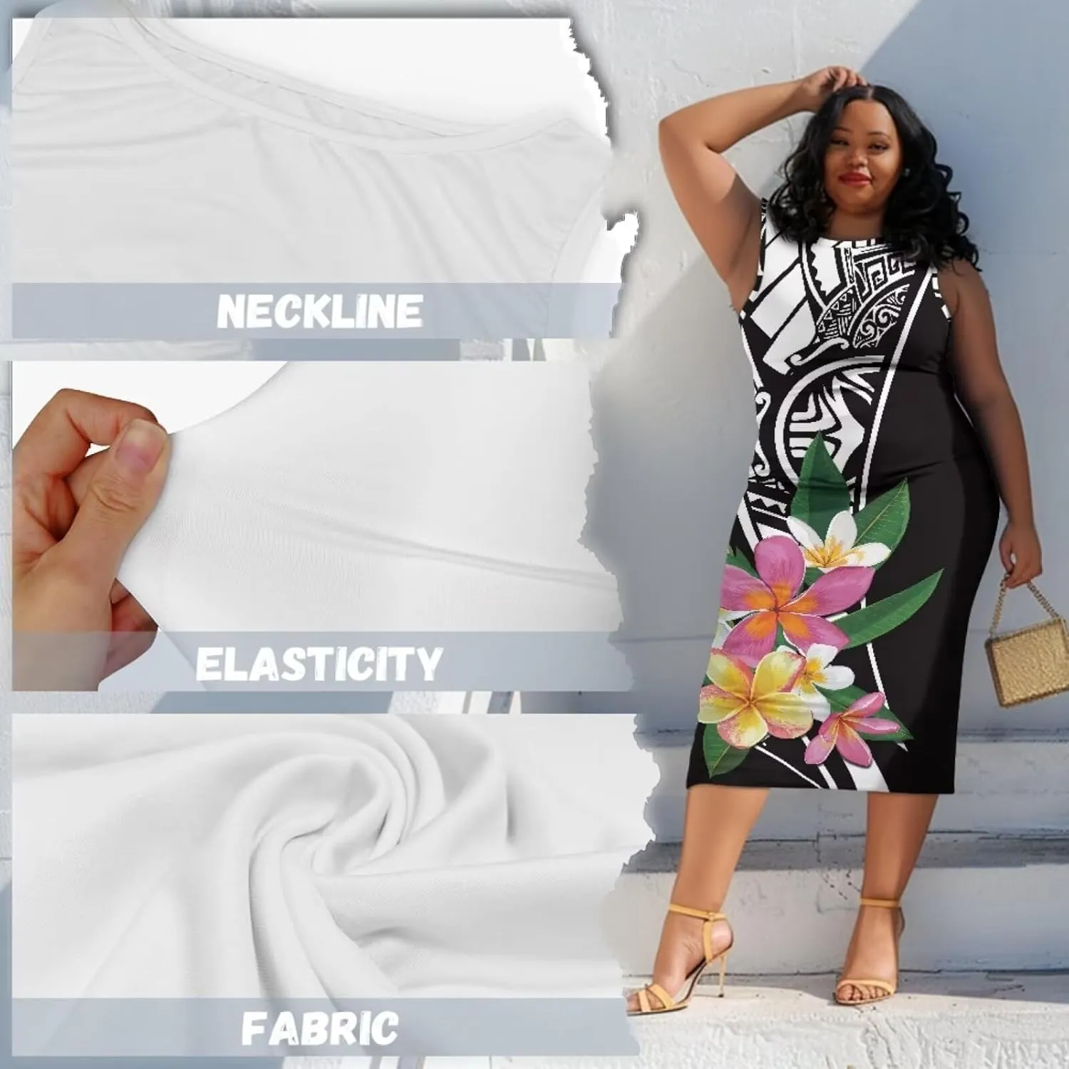 Plus Size Polynesian Dress for Women Casual Sleeveless Midi Dress Hawaii Crewneck Wrap Dress Shift Dress