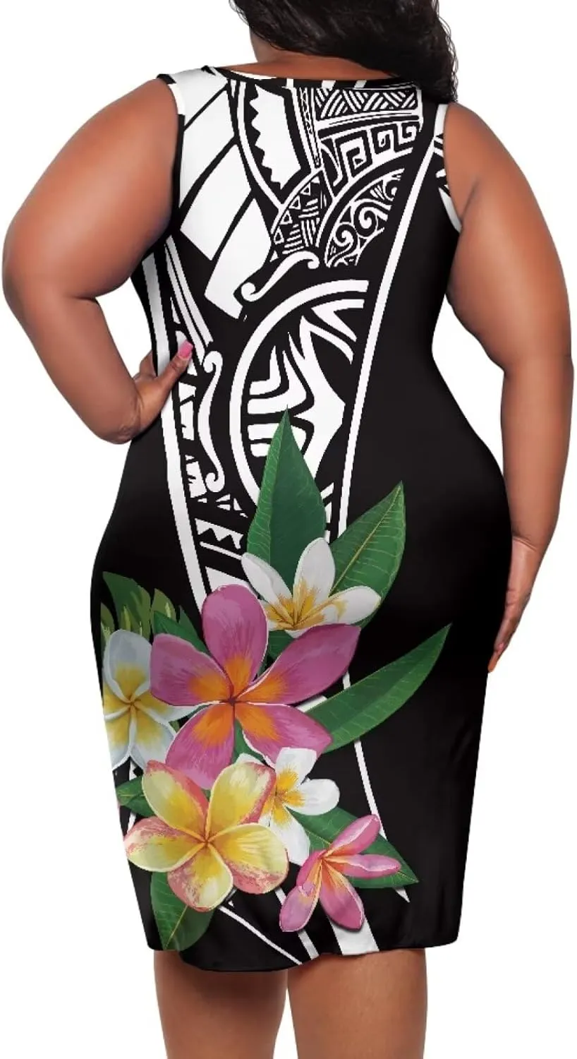 Plus Size Polynesian Dress for Women Casual Sleeveless Midi Dress Hawaii Crewneck Wrap Dress Shift Dress