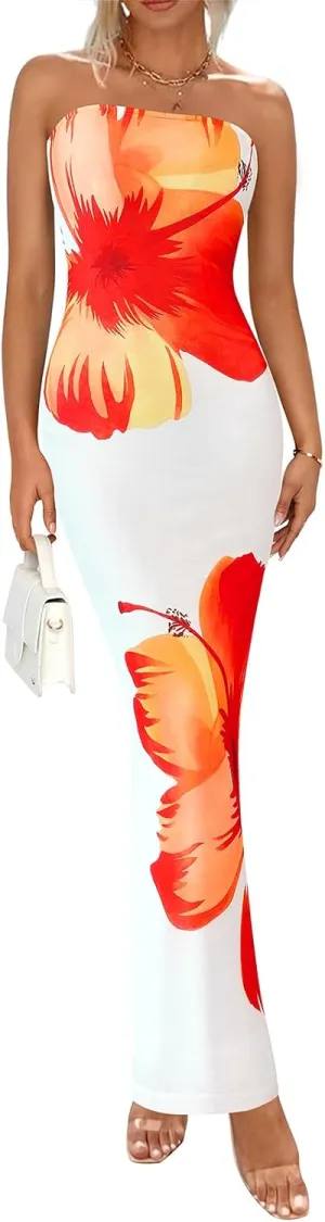 PRETTYGARDEN Strapless Bodycon Summer Dresses for Women 2025 Floral Mesh Tube Top Long Party Cocktail Dress Slit Side