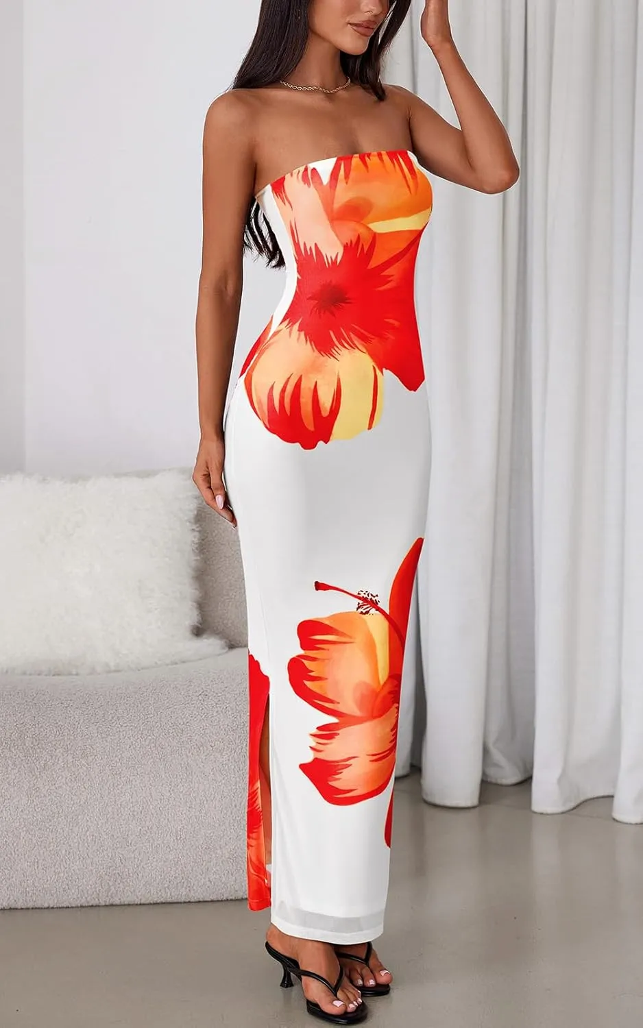 PRETTYGARDEN Strapless Bodycon Summer Dresses for Women 2025 Floral Mesh Tube Top Long Party Cocktail Dress Slit Side