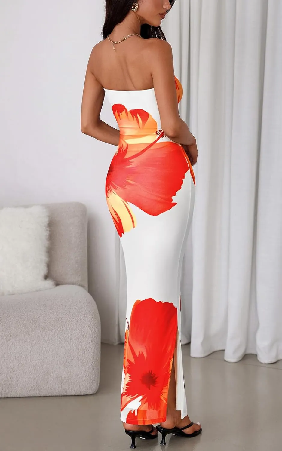 PRETTYGARDEN Strapless Bodycon Summer Dresses for Women 2025 Floral Mesh Tube Top Long Party Cocktail Dress Slit Side