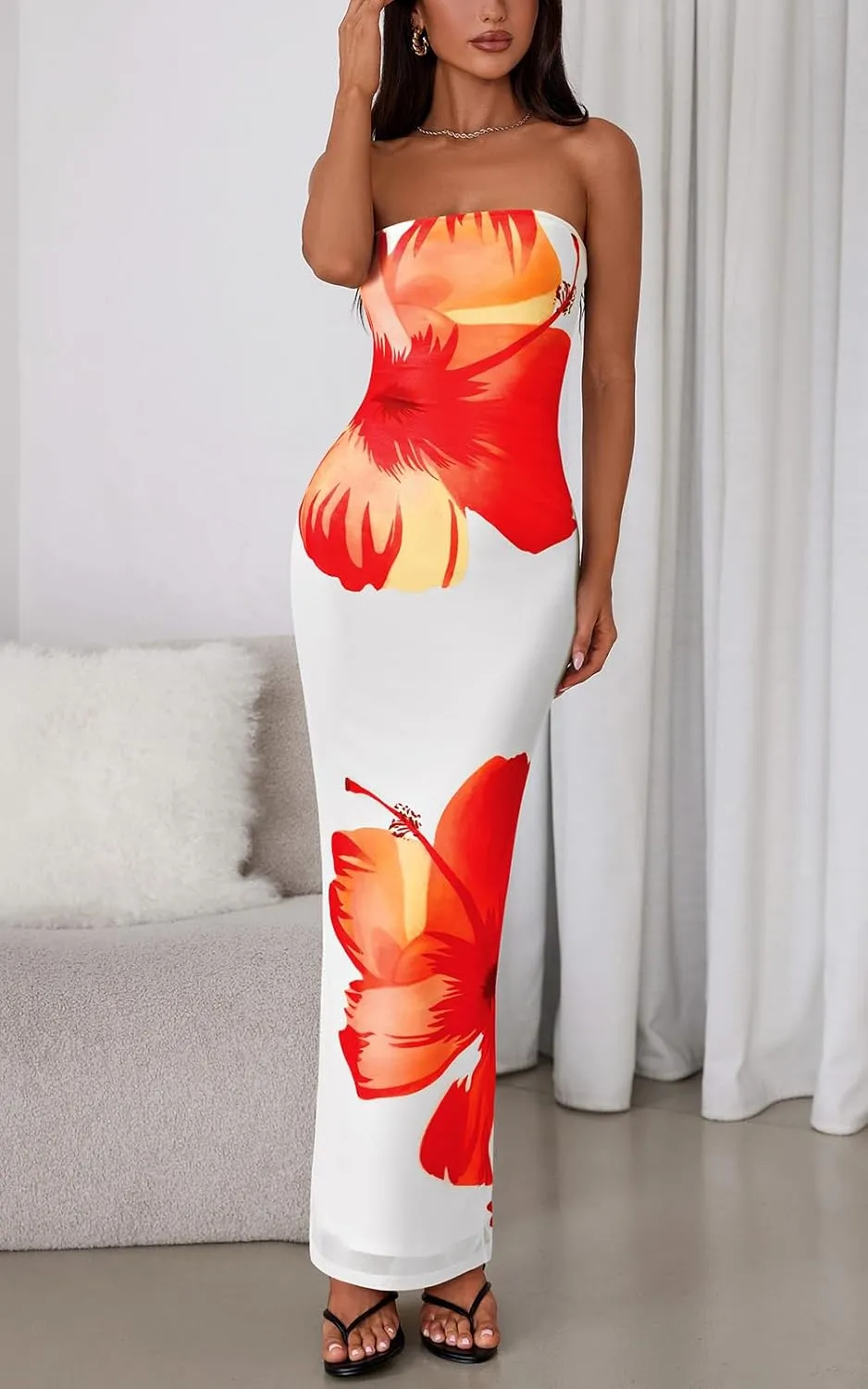 PRETTYGARDEN Strapless Bodycon Summer Dresses for Women 2025 Floral Mesh Tube Top Long Party Cocktail Dress Slit Side