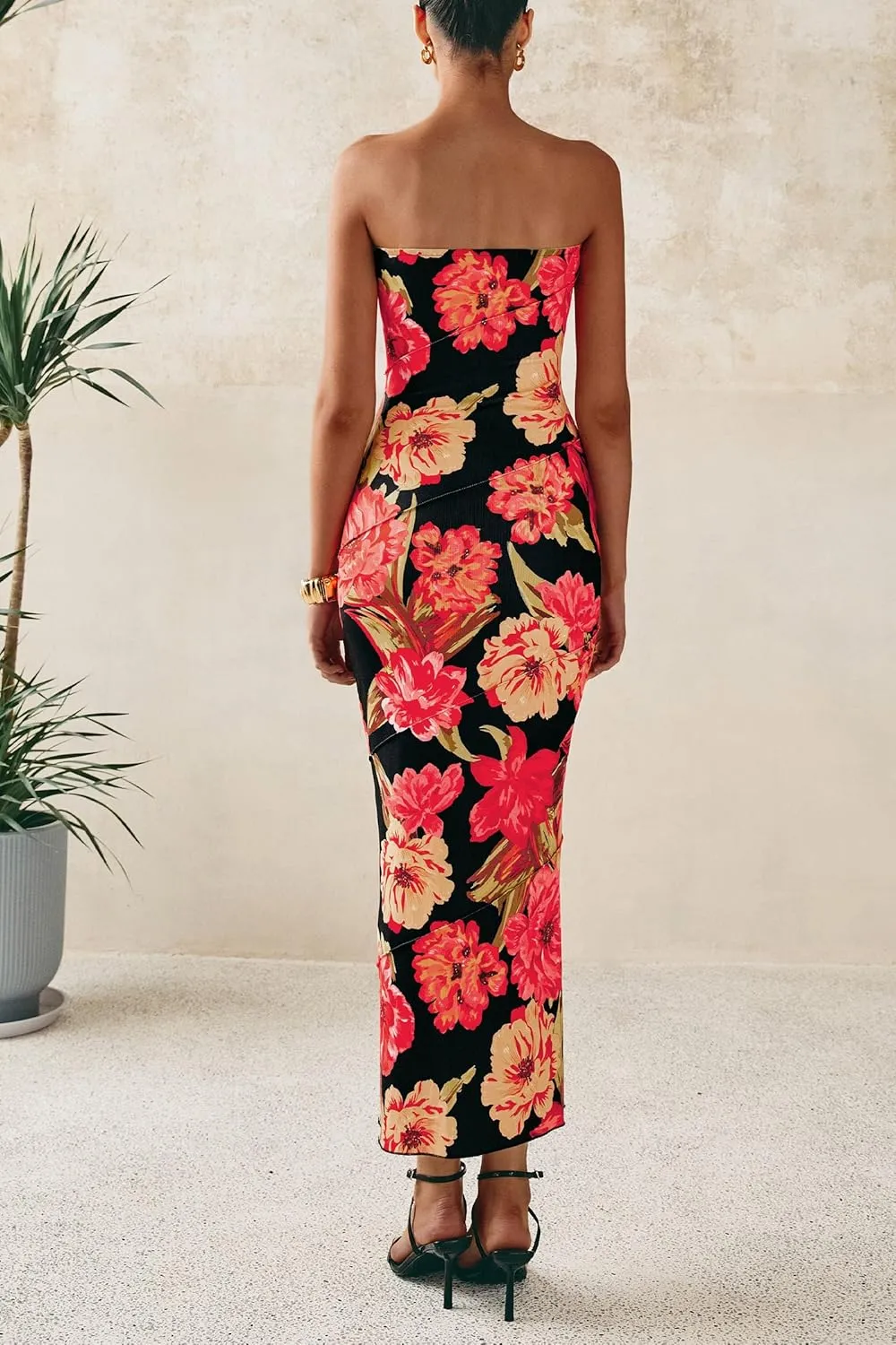 PRETTYGARDEN Women's 2025 Summer Floral Bodycon Maxi Dresses Ribbed Strapless Tube Casual Boho Party Long Dress