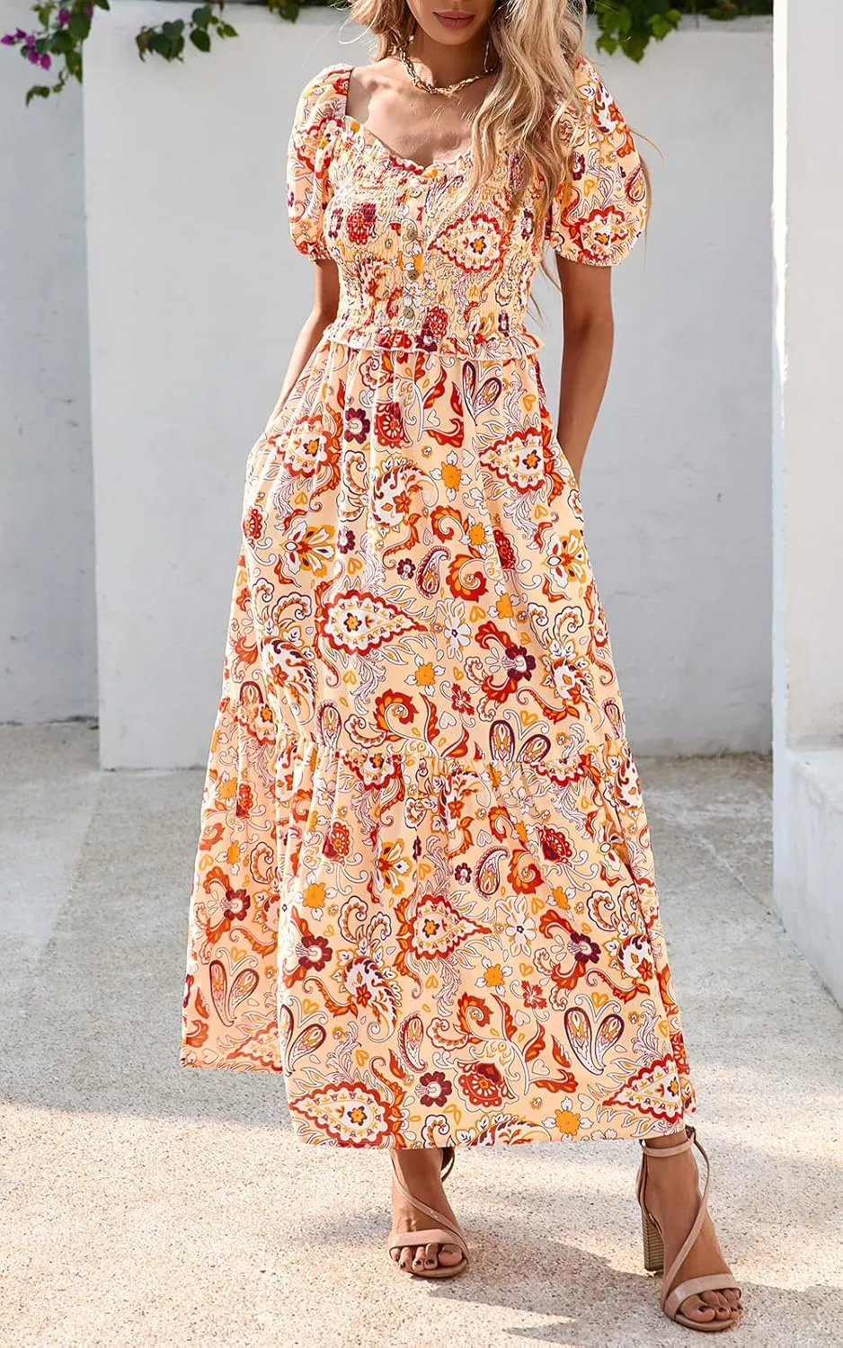 PRETTYGARDEN Womens Summer Dresses 2025 Casual Boho Floral Puff Short Sleeve Flowy Maxi Dress Smocked V Neck Sun Dresses