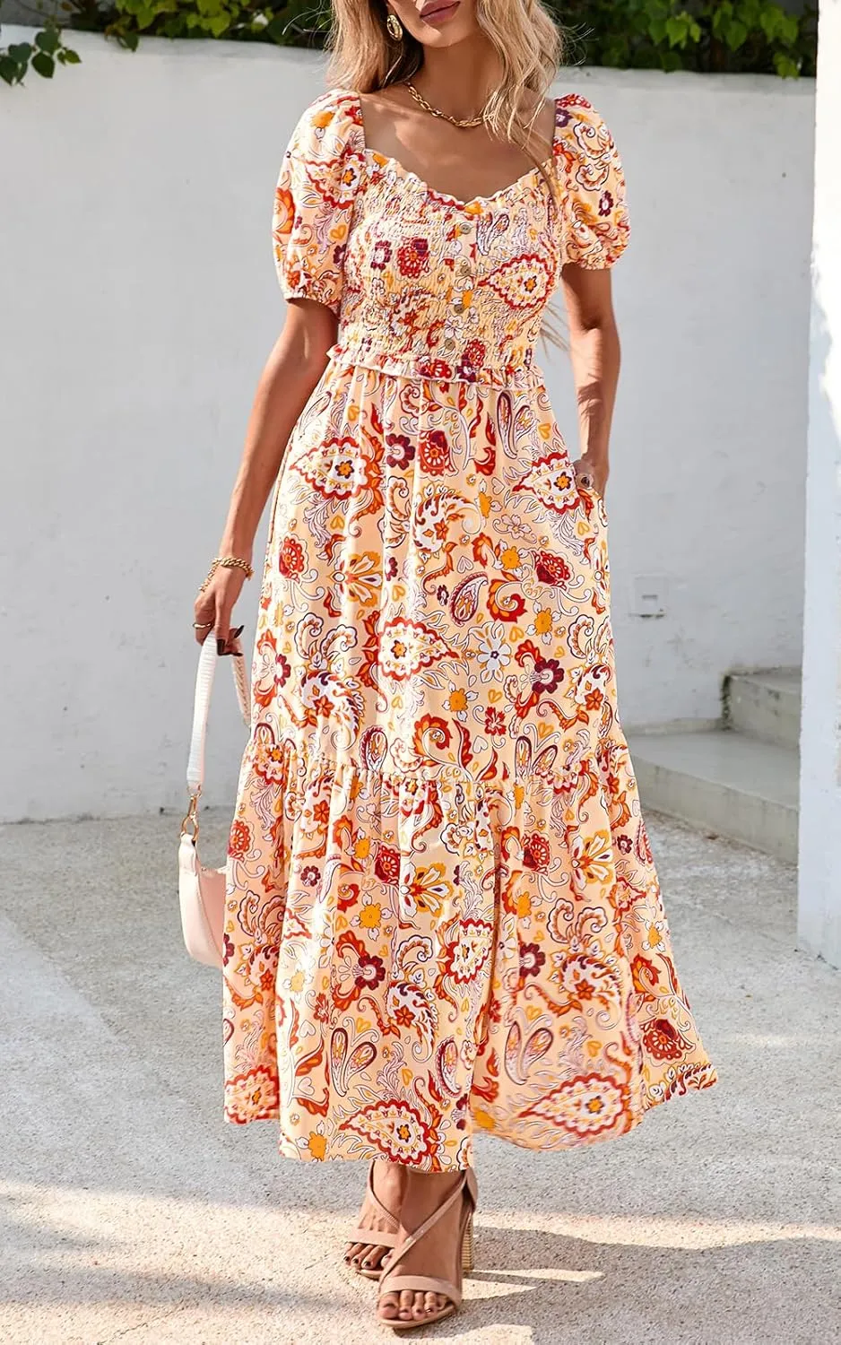 PRETTYGARDEN Womens Summer Dresses 2025 Casual Boho Floral Puff Short Sleeve Flowy Maxi Dress Smocked V Neck Sun Dresses