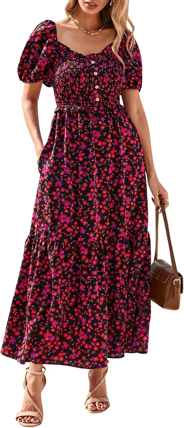PRETTYGARDEN Womens Summer Dresses 2025 Casual Boho Floral Puff Short Sleeve Flowy Maxi Dress Smocked V Neck Sun Dresses