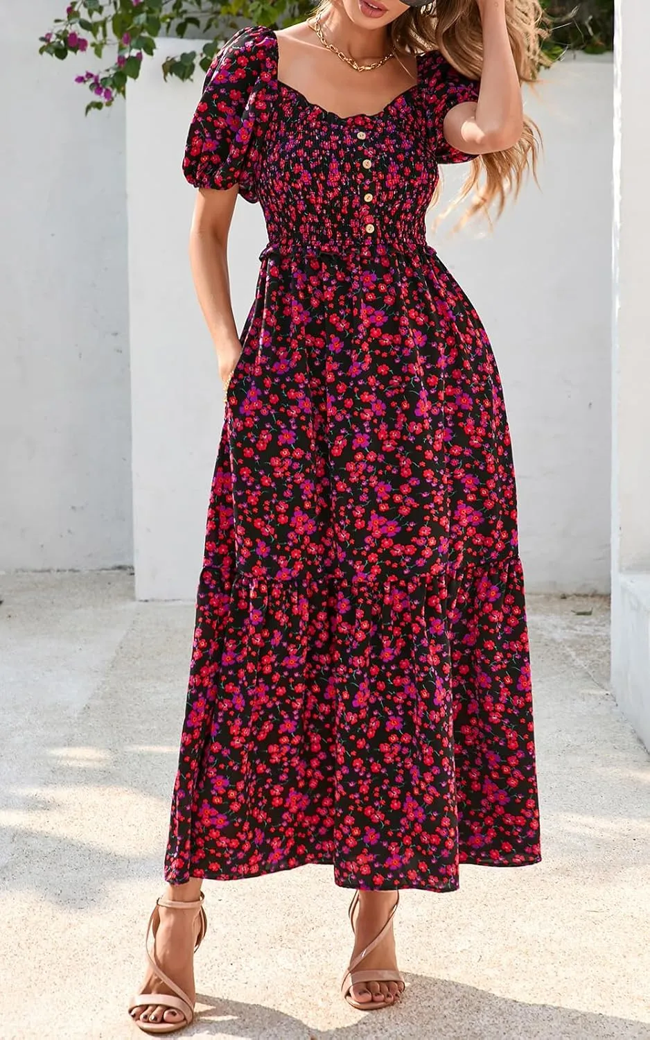 PRETTYGARDEN Womens Summer Dresses 2025 Casual Boho Floral Puff Short Sleeve Flowy Maxi Dress Smocked V Neck Sun Dresses