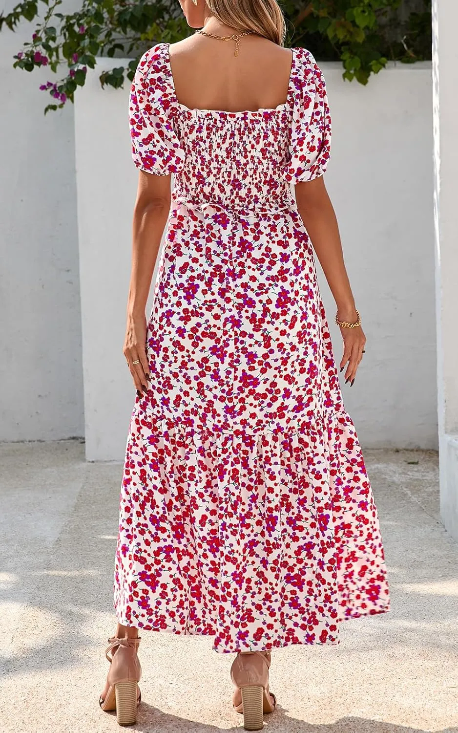 PRETTYGARDEN Womens Summer Dresses 2025 Casual Boho Floral Puff Short Sleeve Flowy Maxi Dress Smocked V Neck Sun Dresses