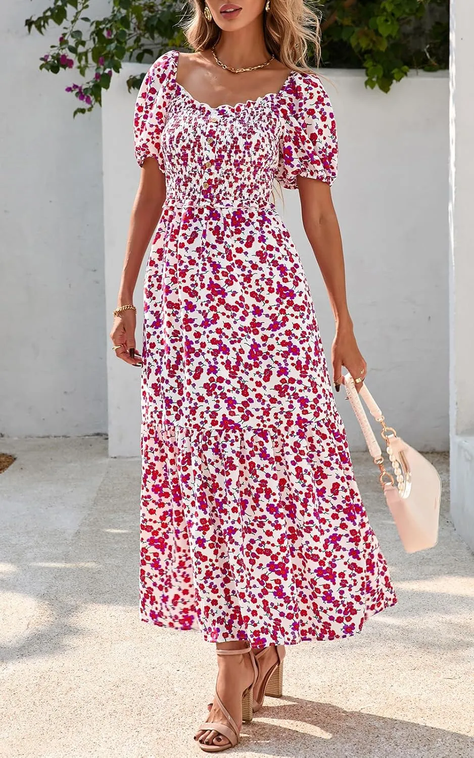 PRETTYGARDEN Womens Summer Dresses 2025 Casual Boho Floral Puff Short Sleeve Flowy Maxi Dress Smocked V Neck Sun Dresses