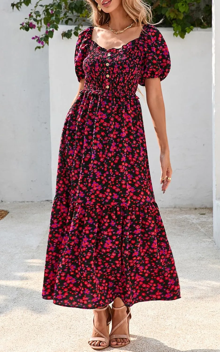 PRETTYGARDEN Womens Summer Dresses 2025 Casual Boho Floral Puff Short Sleeve Flowy Maxi Dress Smocked V Neck Sun Dresses