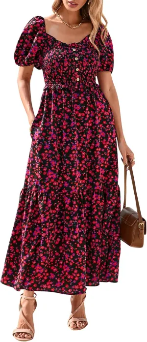 PRETTYGARDEN Womens Summer Dresses 2025 Casual Boho Floral Puff Short Sleeve Flowy Maxi Dress Smocked V Neck Sun Dresses