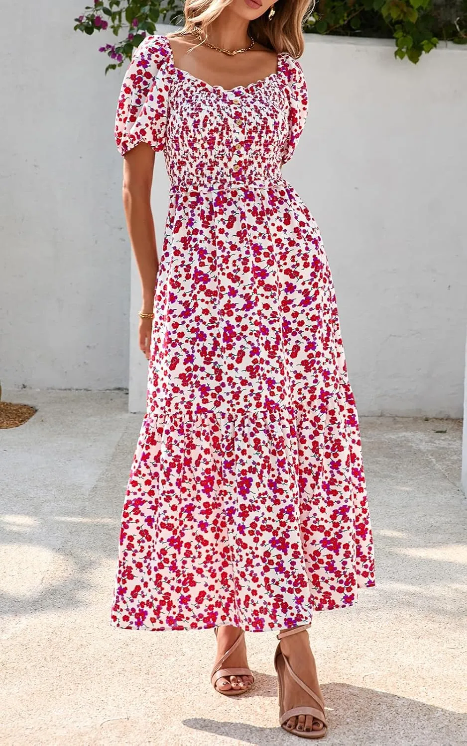 PRETTYGARDEN Womens Summer Dresses 2025 Casual Boho Floral Puff Short Sleeve Flowy Maxi Dress Smocked V Neck Sun Dresses