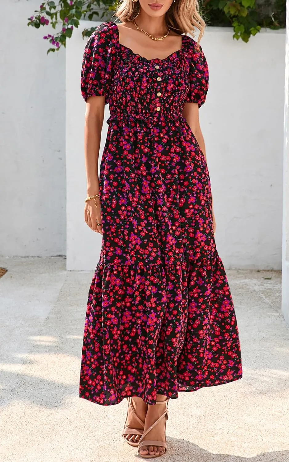 PRETTYGARDEN Womens Summer Dresses 2025 Casual Boho Floral Puff Short Sleeve Flowy Maxi Dress Smocked V Neck Sun Dresses