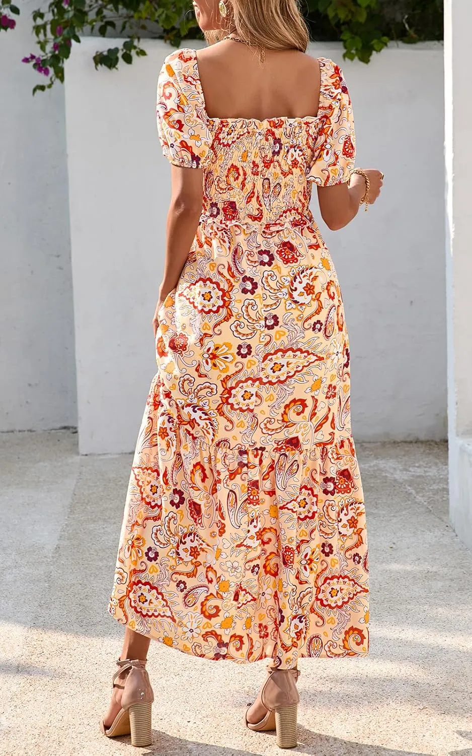 PRETTYGARDEN Womens Summer Dresses 2025 Casual Boho Floral Puff Short Sleeve Flowy Maxi Dress Smocked V Neck Sun Dresses