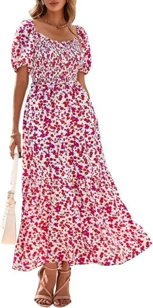 PRETTYGARDEN Womens Summer Dresses 2025 Casual Boho Floral Puff Short Sleeve Flowy Maxi Dress Smocked V Neck Sun Dresses