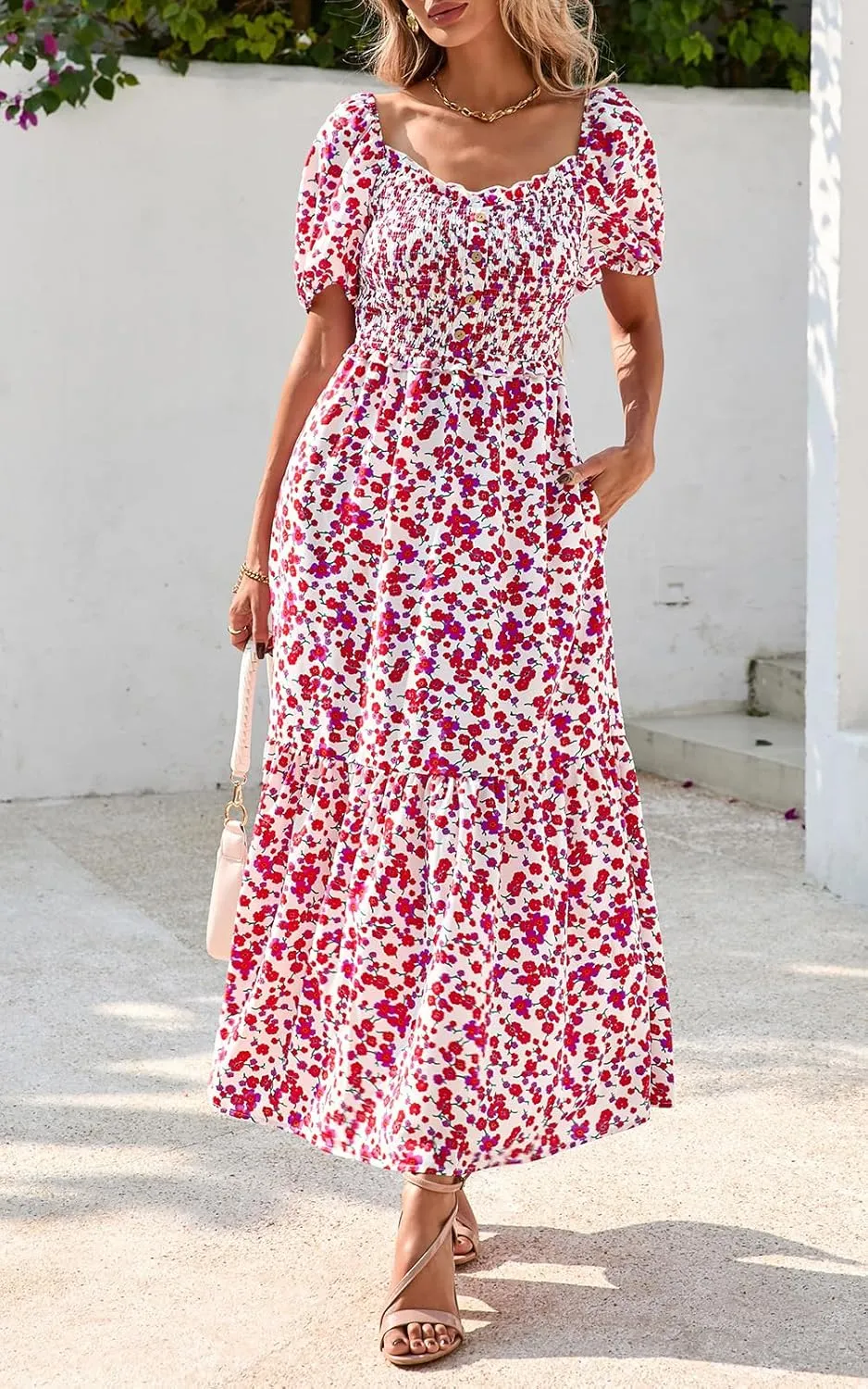 PRETTYGARDEN Womens Summer Dresses 2025 Casual Boho Floral Puff Short Sleeve Flowy Maxi Dress Smocked V Neck Sun Dresses