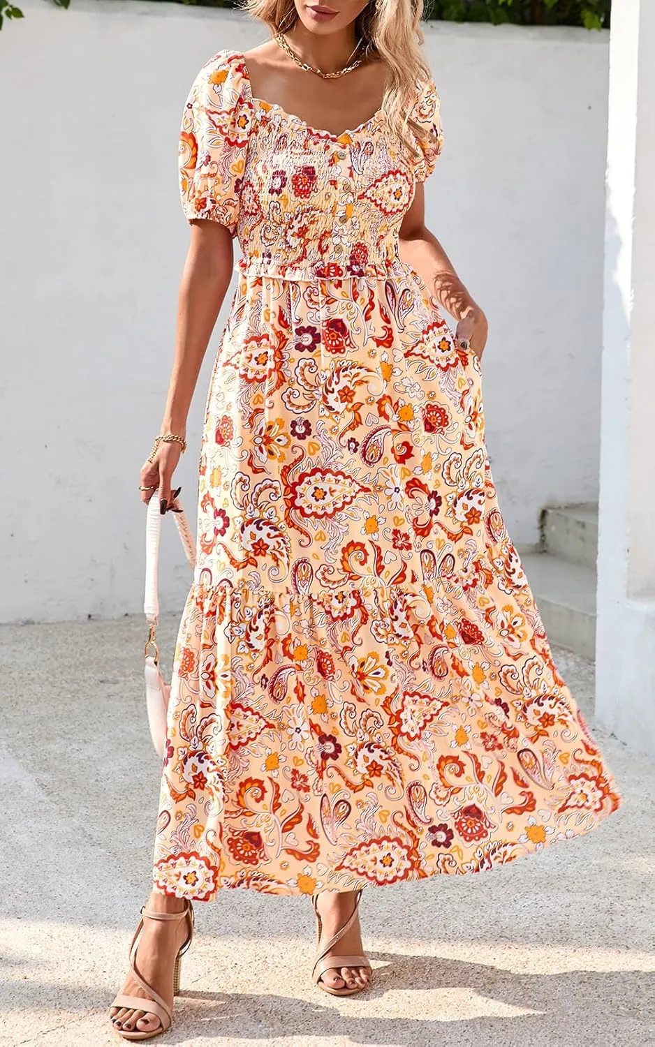 PRETTYGARDEN Womens Summer Dresses 2025 Casual Boho Floral Puff Short Sleeve Flowy Maxi Dress Smocked V Neck Sun Dresses